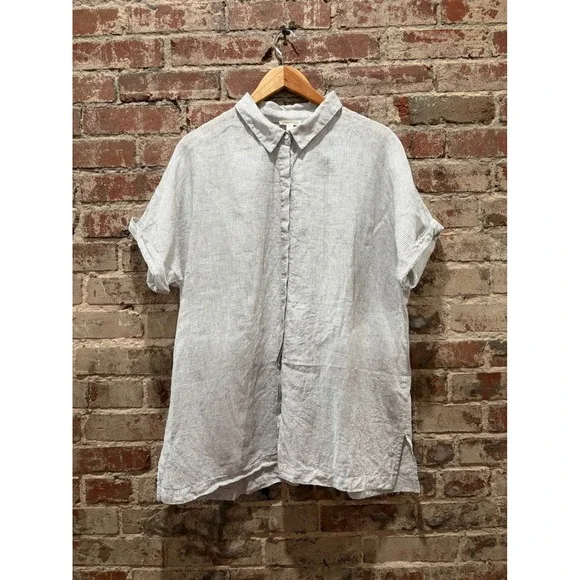 Eileen Fisher Grey Grid Check Linen Short Sleeve Button Down Shirt Size Large - Picture 3 of 10